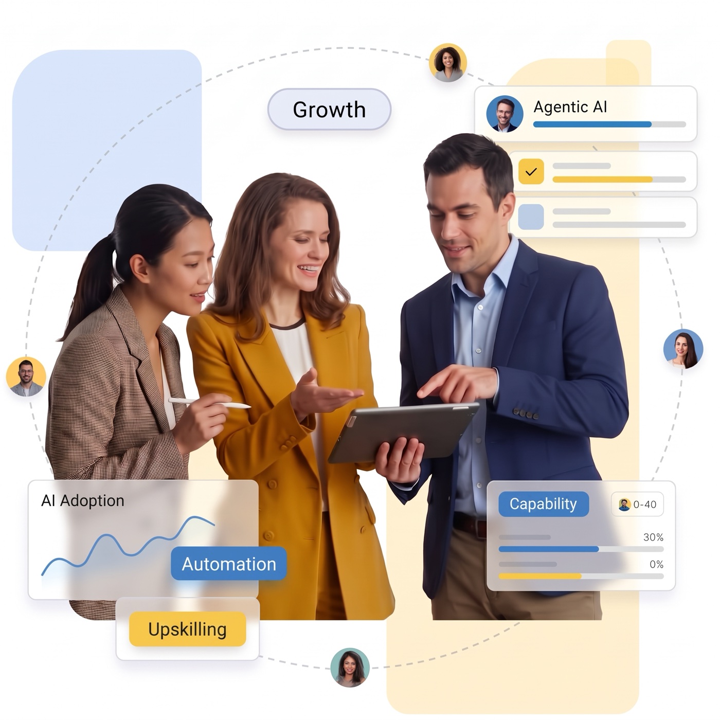 A team of professionals collaborating on a tablet